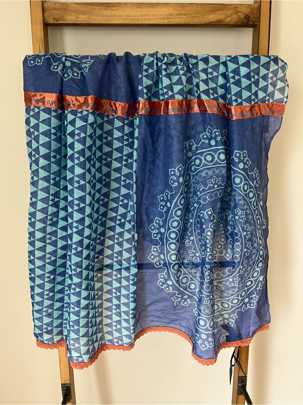 Mona B Blue & Teal Printed Scarf with Coral Trim